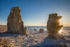 Sweden-Faro Island-Langhammars Area-Langhammar coastal limestone rauk rock-sunset Art Print